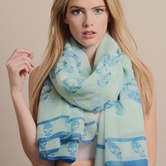SKULL PRINT long SCARF Shawl Blue - Picture 1 of 2